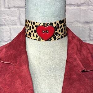 Handmade Mobwife Style Leopard Print Choker with Red Heart Pendant